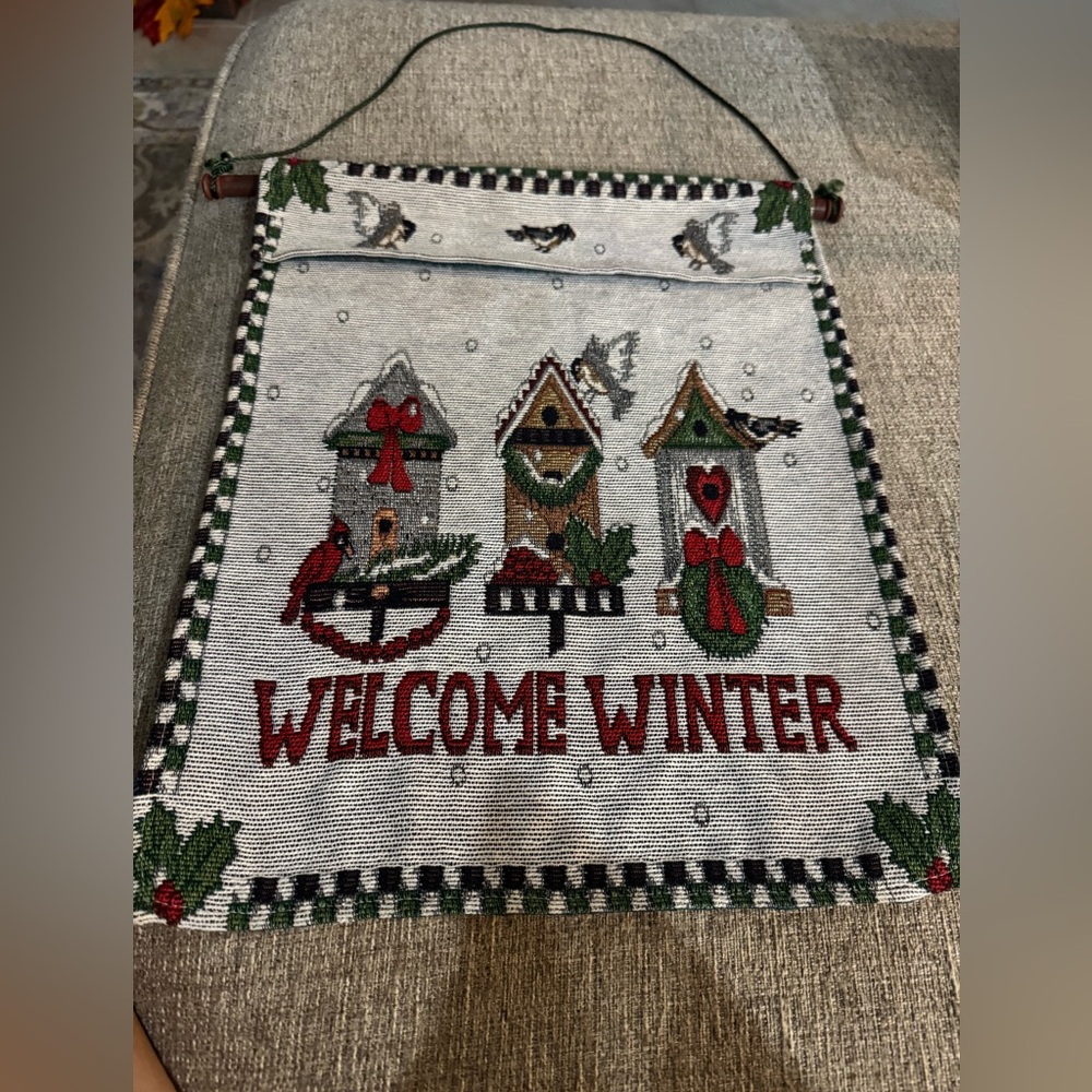 Welcome Banner Wall Hanging welcome, winner bird houses, cardinal wreath, Holly
